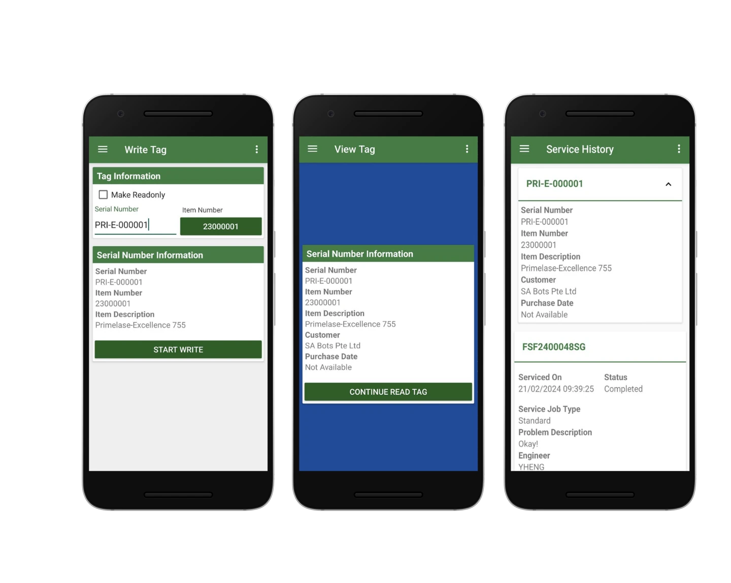 Writing and reading an NFC tag and viewing service history in the mobile app