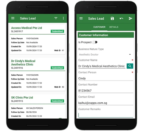 Sales lead screen in the mobile app